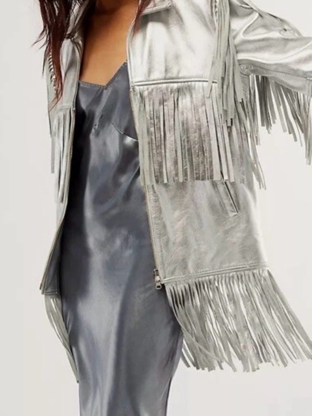 Understated Leather/ Free People Fringed Metallic Leather Jacket - Silver
